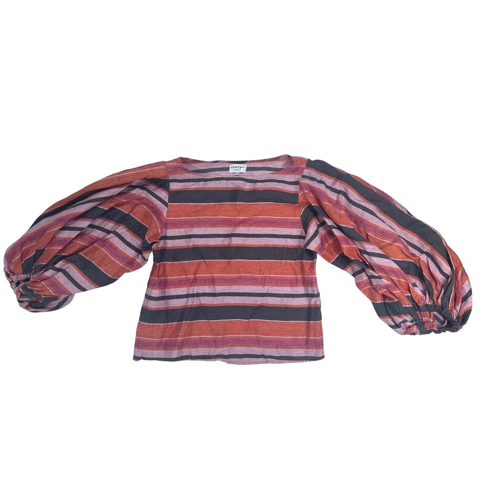 Margo Baridon XL Striped Linen Blend Balloon Sleeve Blouse Rust Pink Black